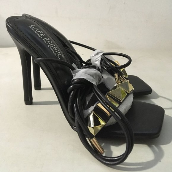 NWT CAPE ROBBIN AIGO GOLD STUDDED LACE UP‎ HEELS BLACK 5.5 - Picture 11 of 14